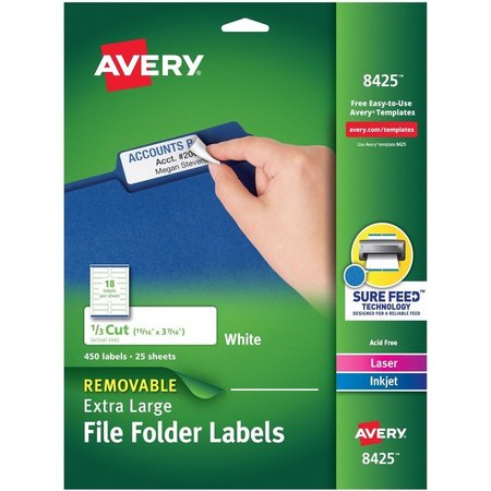 AVERY File Folder Labels, X-Large, 1/3 Cut, 450/PK, White PK AVE8425